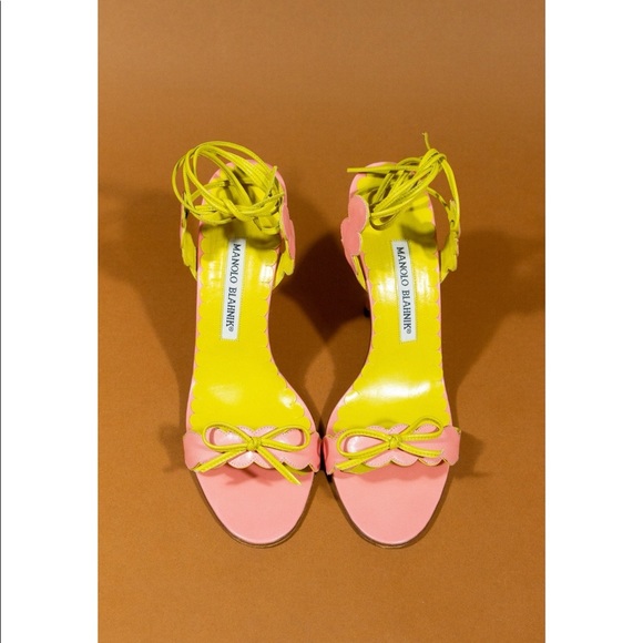 Bubblegum pink and yellow leather scalloped strappy sandals. - Picture 3 of 5